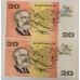 AUSTRALIA 1993 . TWENTY 20 DOLLARS BANKNOTES . FRASER/EVANS . CONSECUTIVE FOUR . LAST PREFIX ADK